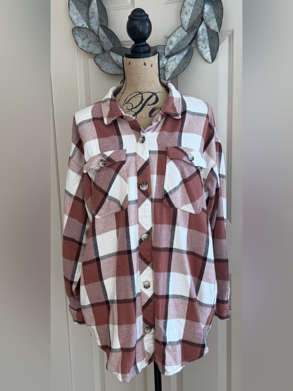 136: Maurices Rust and White Plaid Shacket with Pockets - Large